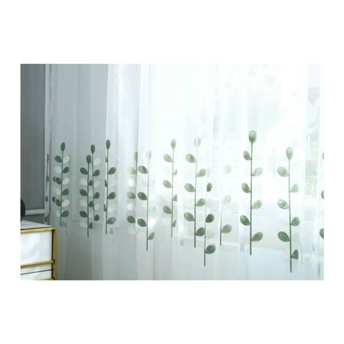 GENERICO - Cortina Velo Visillo Bordeado 140 x 230 cm 2 Paños - Hojas Verdes A12