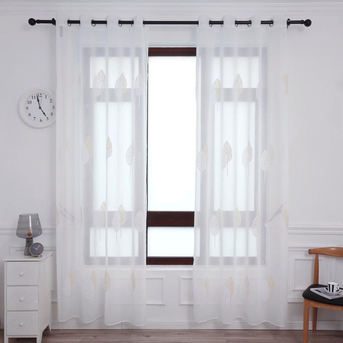 GENERICO - Cortina Velo Visillo Bordado 140 x 230 cm 2 Paños - Hojas Blancas A1