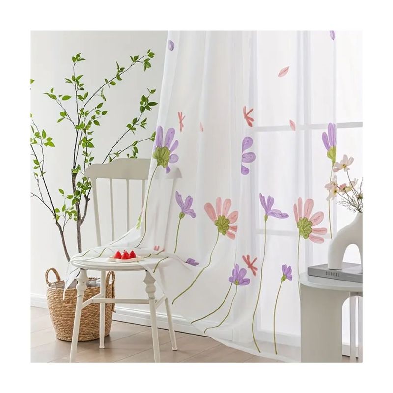 GENERICO - Cortina Velo Visillo Bordado 140 x 230 cm 2 Paños - Flores Bicolor B1