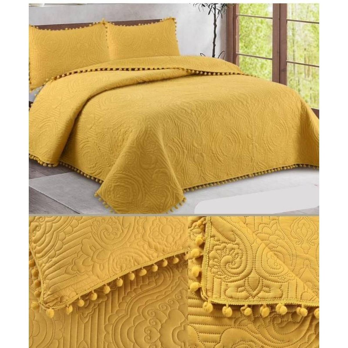 GENERICO - Cubrecama Quilt De Verano Pompones (Plaza Y Media) - Amarillo - 1,5 plazas