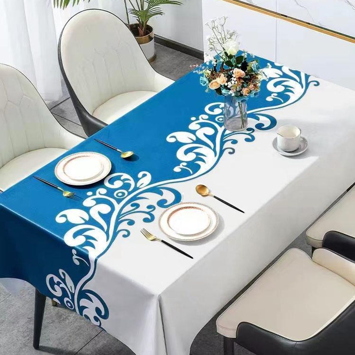 GENERICO - Mantel Rectangular Antimanchas 140 x 230 cm - Blanco Azules Hojas