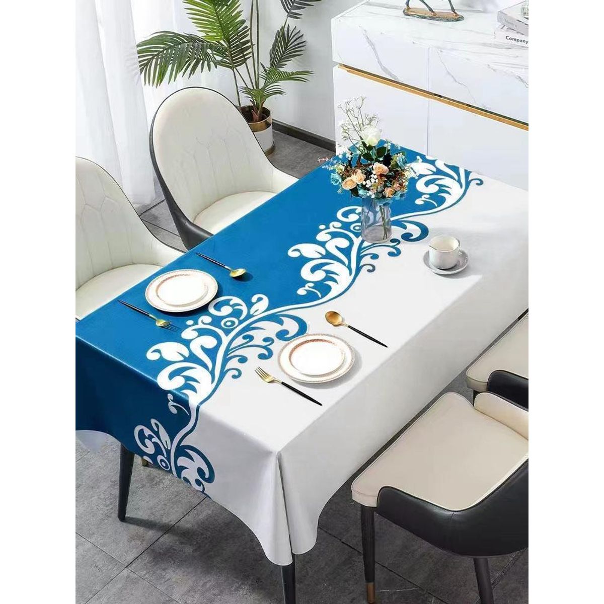 GENERICO - Mantel Rectangular Antimanchas 140 x 230 cm - Blanco Azules Hojas