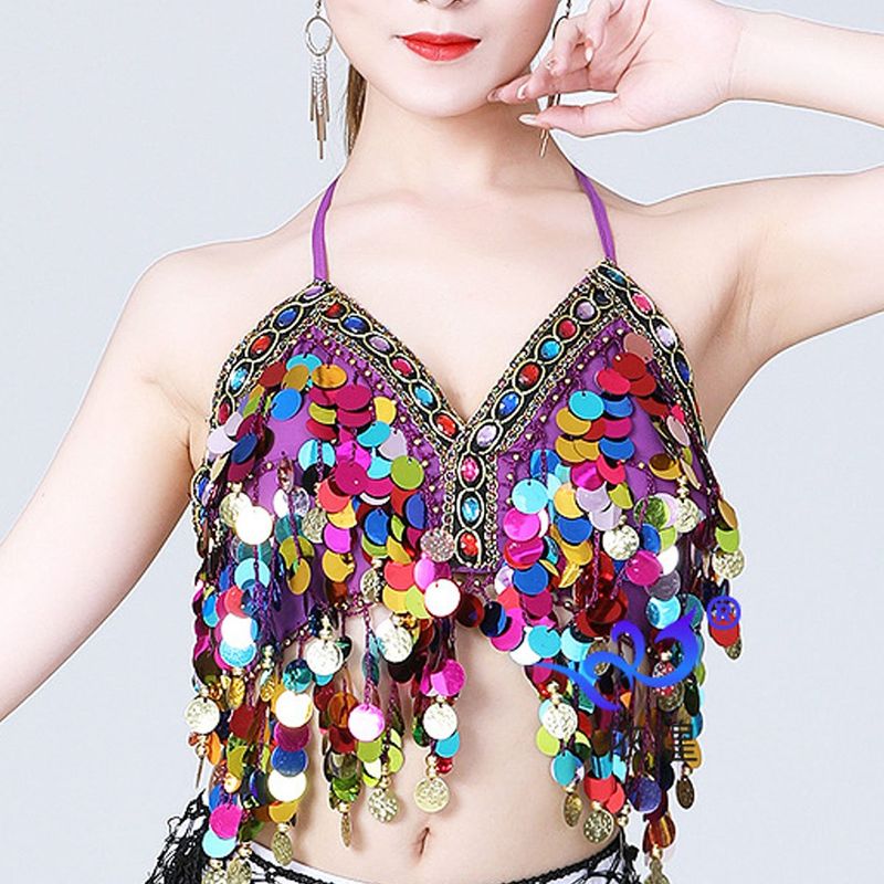 EDWINAYY - Crop Top Brilla Camiseta Monedas Blusa Danza Playa Fiesta