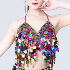 EDWINAYY - Crop Top Brilla Camiseta Monedas Blusa Danza Playa Fiesta