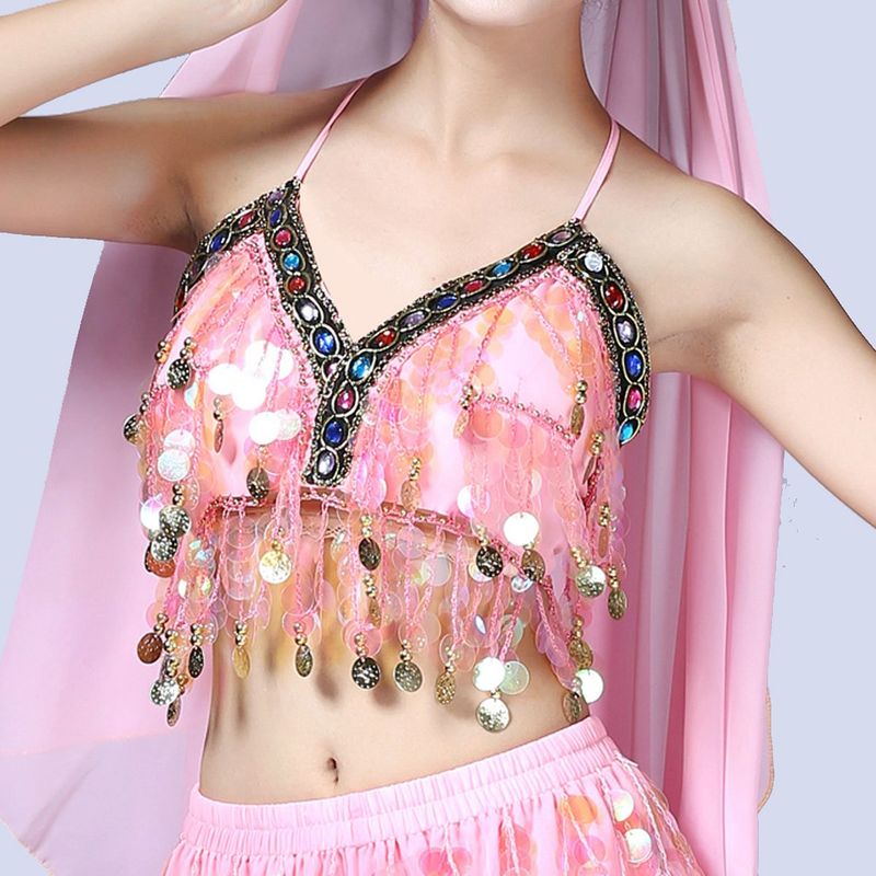 EDWINAYY - Crop Top Brilla Camiseta Monedas Blusa Danza Playa Fiesta