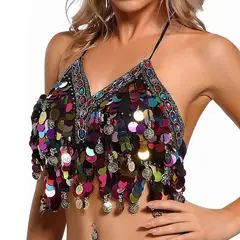 EDWINAYY - Crop Top Brilla Camiseta Monedas Blusa Danza Playa Fiesta
