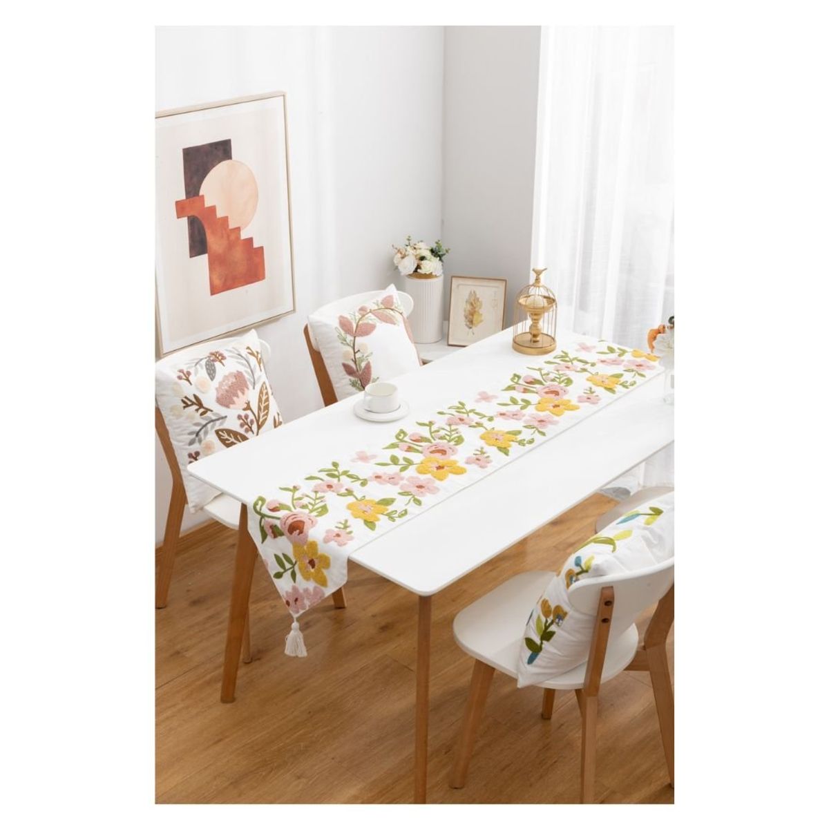 GENERICO - Camino de Mesa Bordado 32 x 180 cm - Flores Rosadas Amarillas