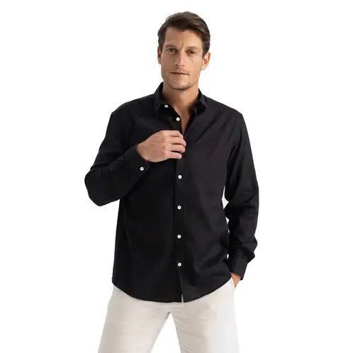 EDWINAYY - Camisa Para Hombre Manga Larga Casual Unicolor De Lino