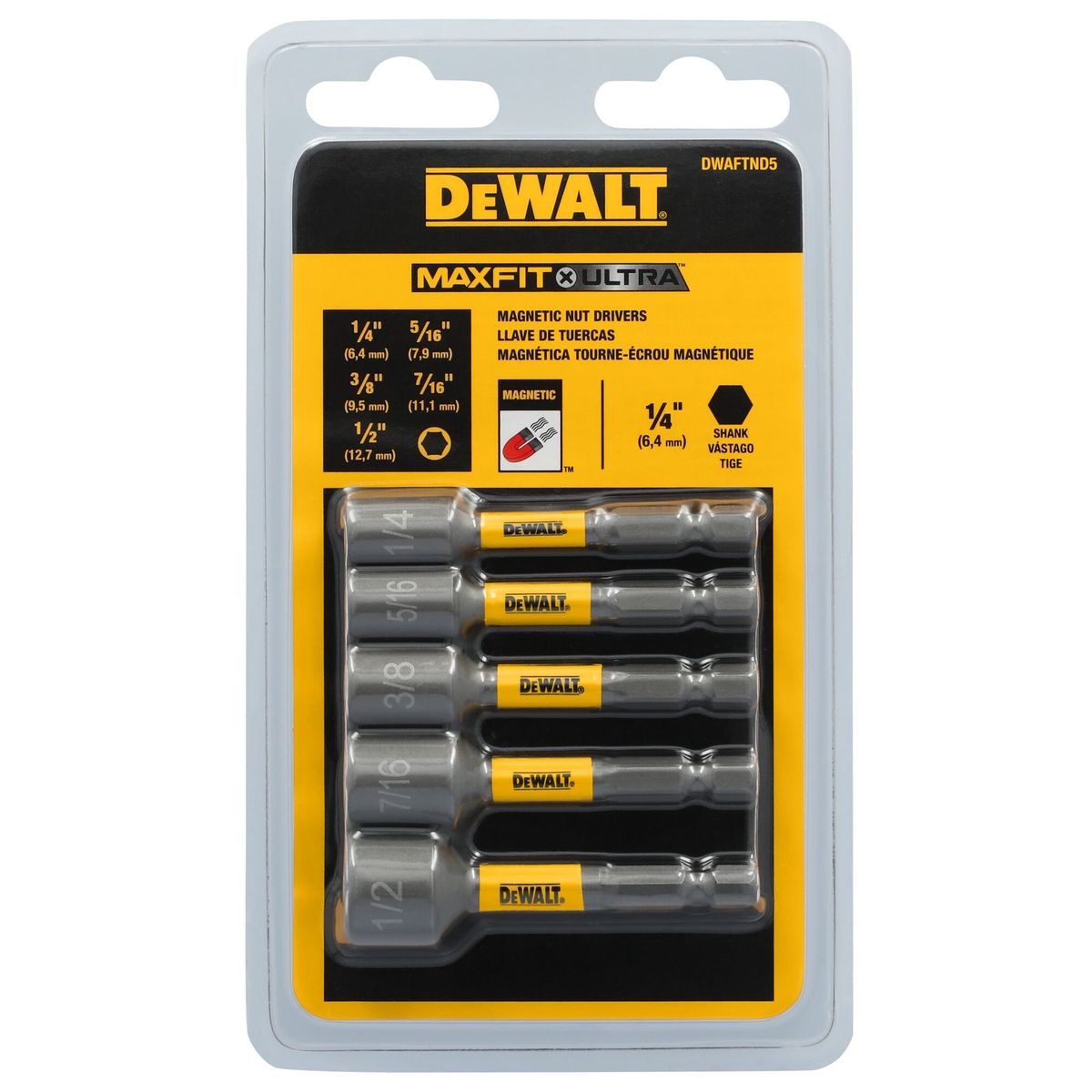 DEWALT - Set 5 llaves tuerca magnética Vástago 1/4" DEWALT DWAFTND5