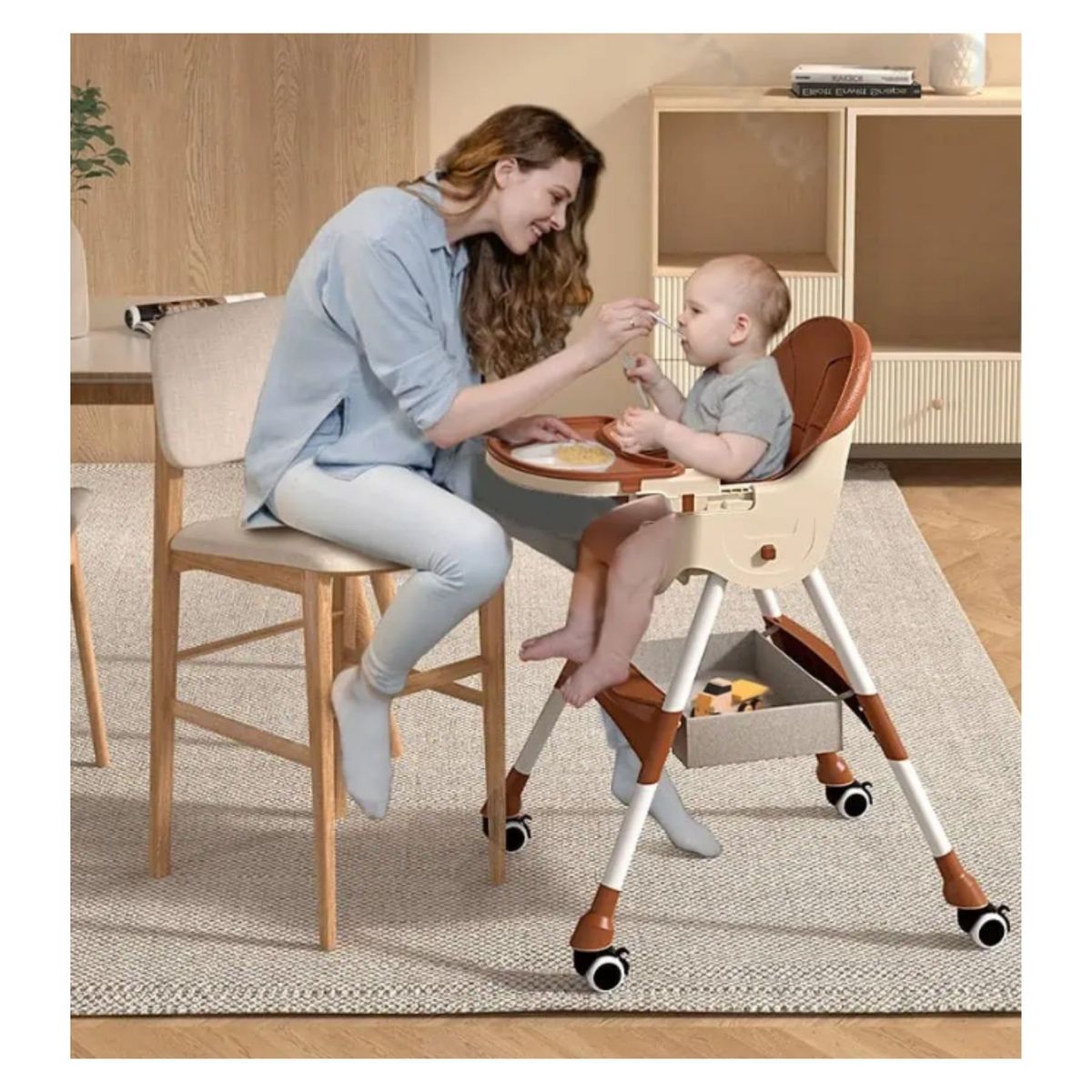 JUMP KIDS - Silla De Comer de Bebé Plegable Cinturon De Seguridad Café