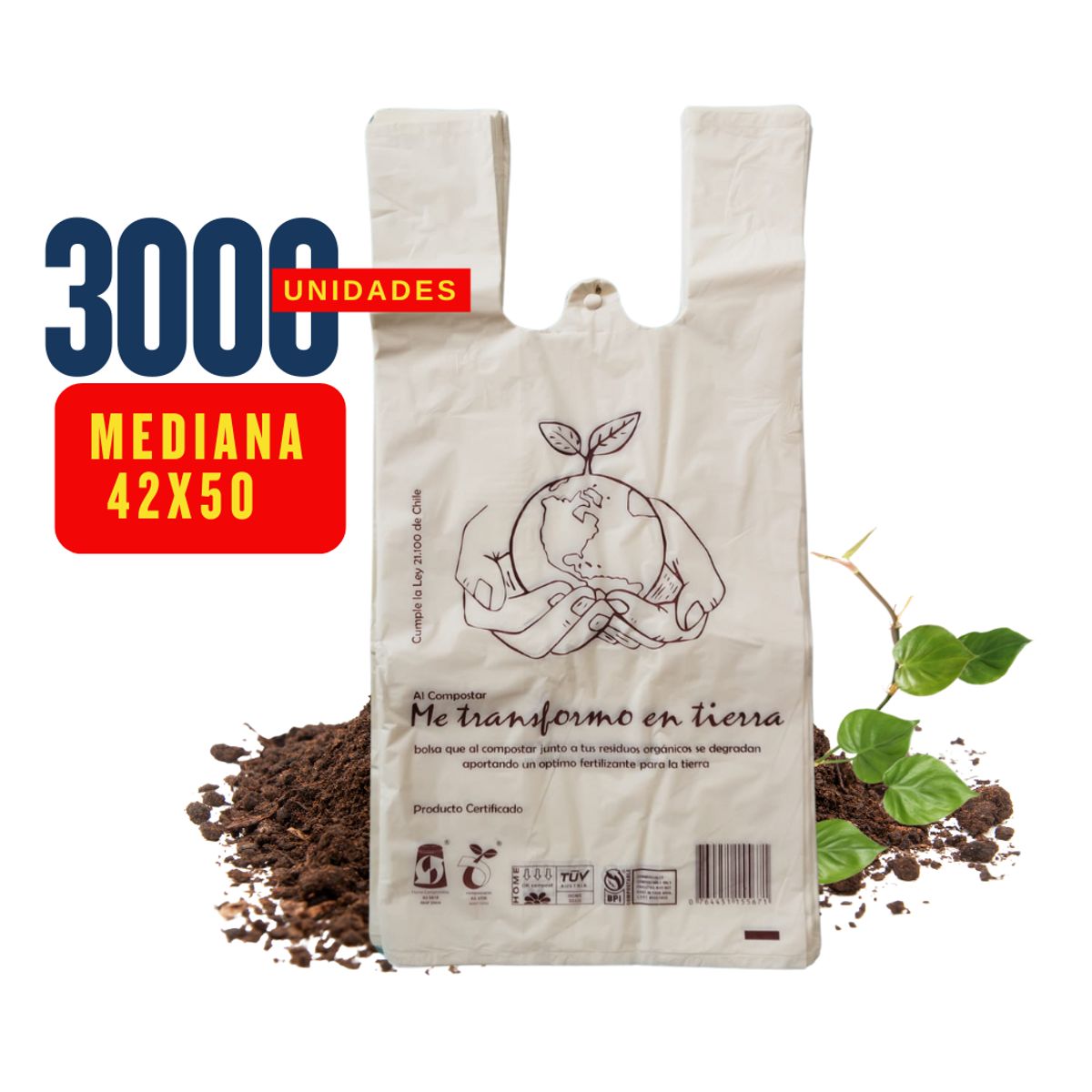 GENERICO - Bolsa Camiseta Biodegradable 42x50 Mediana - 3.000 unidades