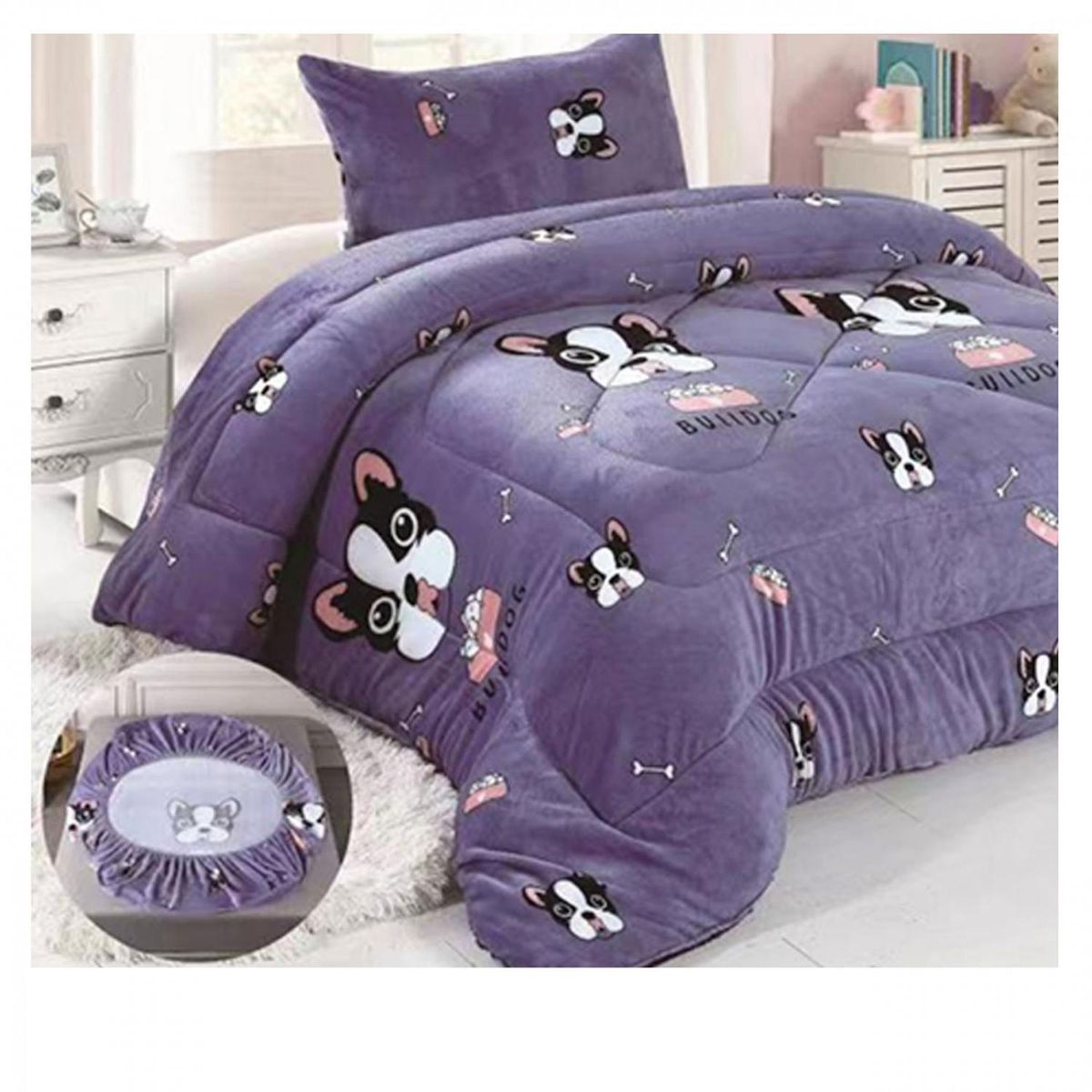 GENERICO - Cobertor de Chiporro y Sabana Bajera de Polar Infantil 1.5 Plazas Dog