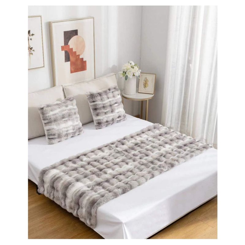 COMPRAPO - Set Piecera + 2 Fundas Cojín Tipo Piel Waffle Bicolor Blanco Gris