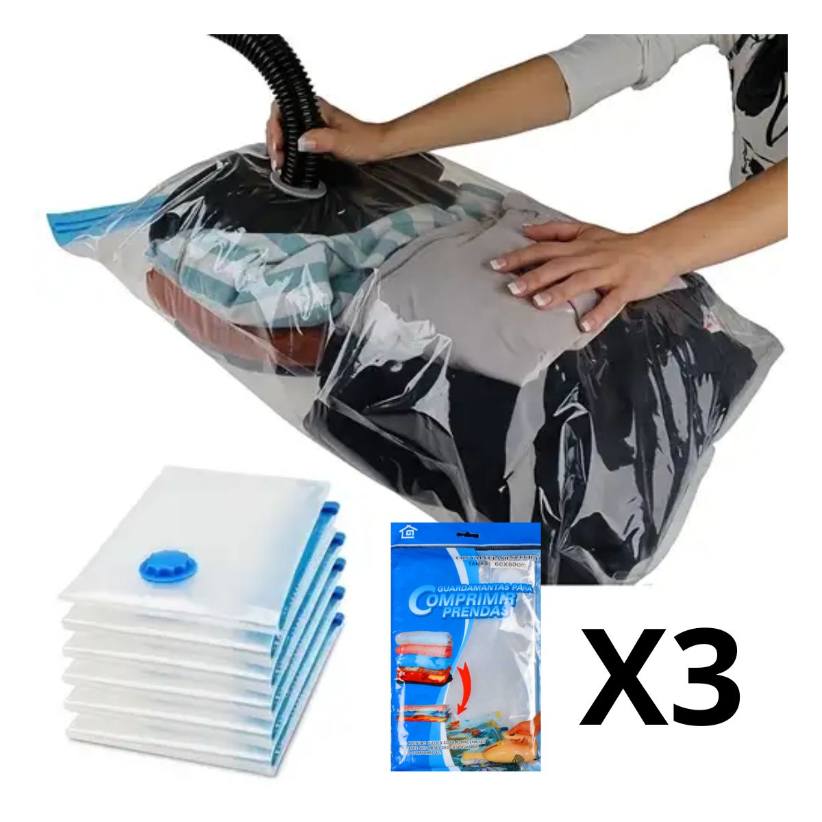 GENERICO - Set 3 Bolsas Al Vacio Para Guardar Comprimir Ropa 90X130