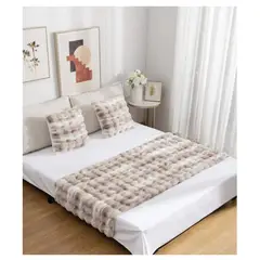 COMPRAPO - Set Piecera + 2 Fundas Cojín Tipo Piel Waffle Bicolor Blanco Coffe