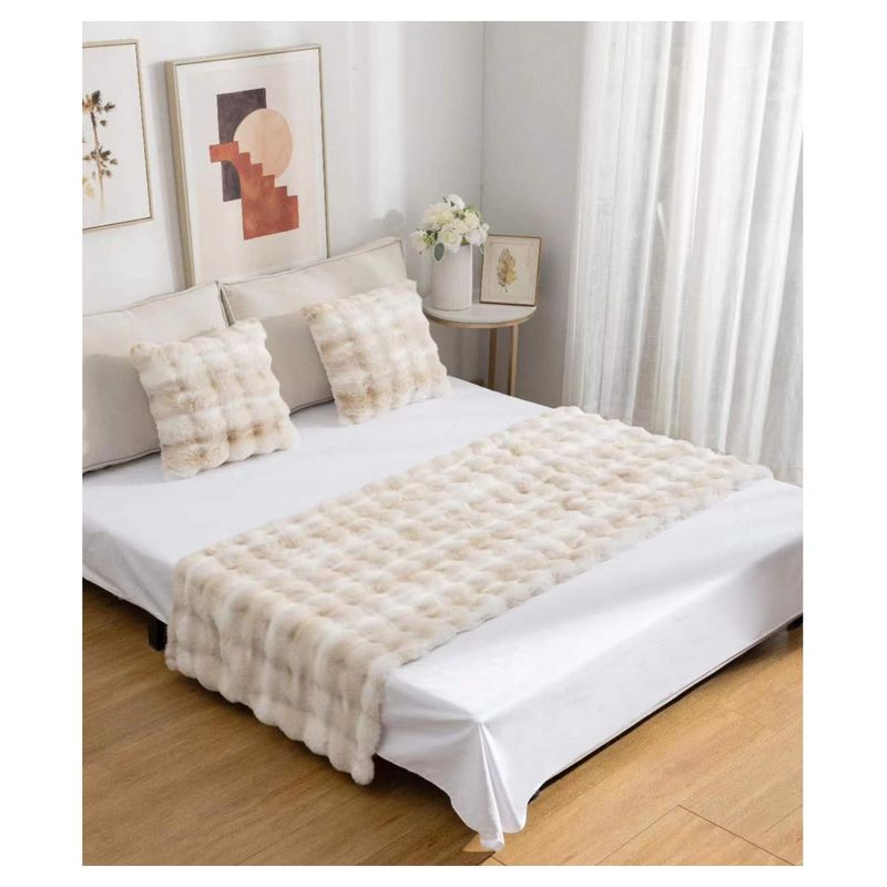COMPRAPO - Set Piecera + 2 Fundas Cojín Tipo Piel Waffle Bicolor Blanco Beige