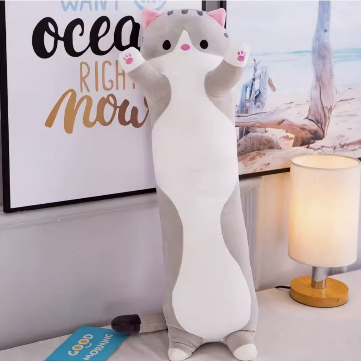 GENERICO - Almohada Peluche Cojin Cilíndrico De Animales de Gato Gris