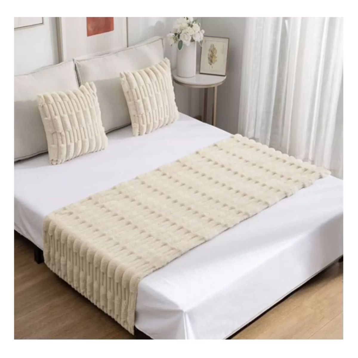 GENERICO - Set Piecera Premium + 2 Fundas Cojín Tipo Piel Suave Blanco Invierno