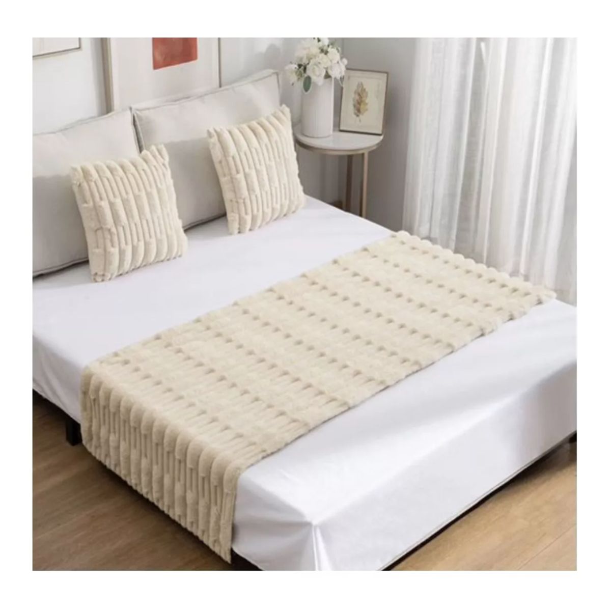 GENERICO - Set Piecera Premium + 2 Fundas Cojín Tipo Piel Suave Blanco Invierno
