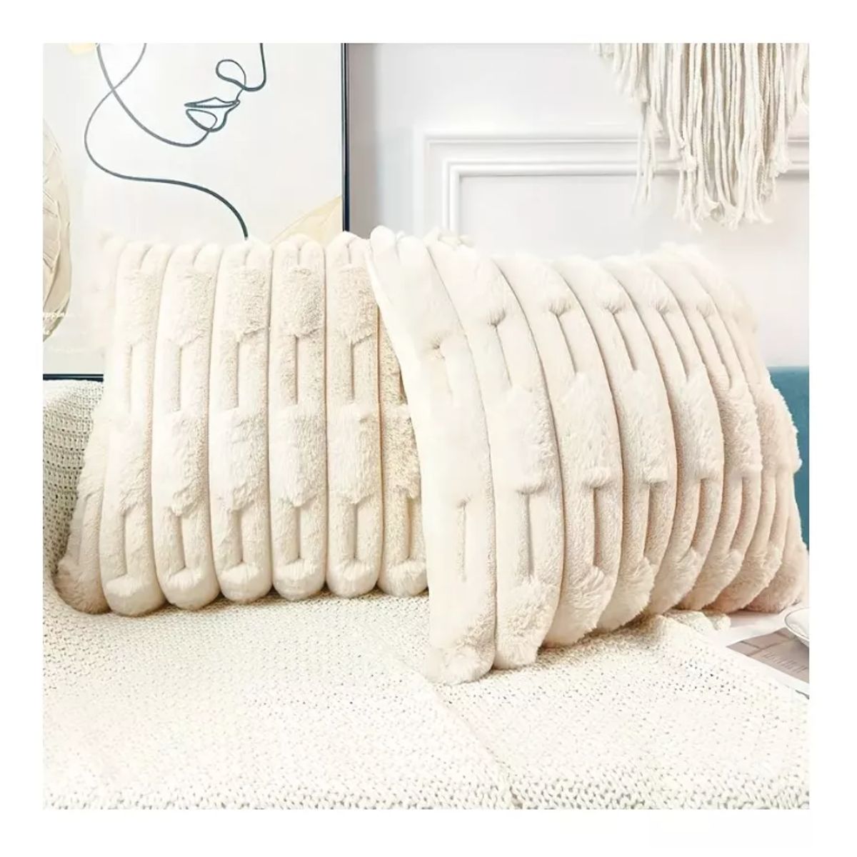 GENERICO - Set Piecera Premium + 2 Fundas Cojín Tipo Piel Suave Blanco Invierno