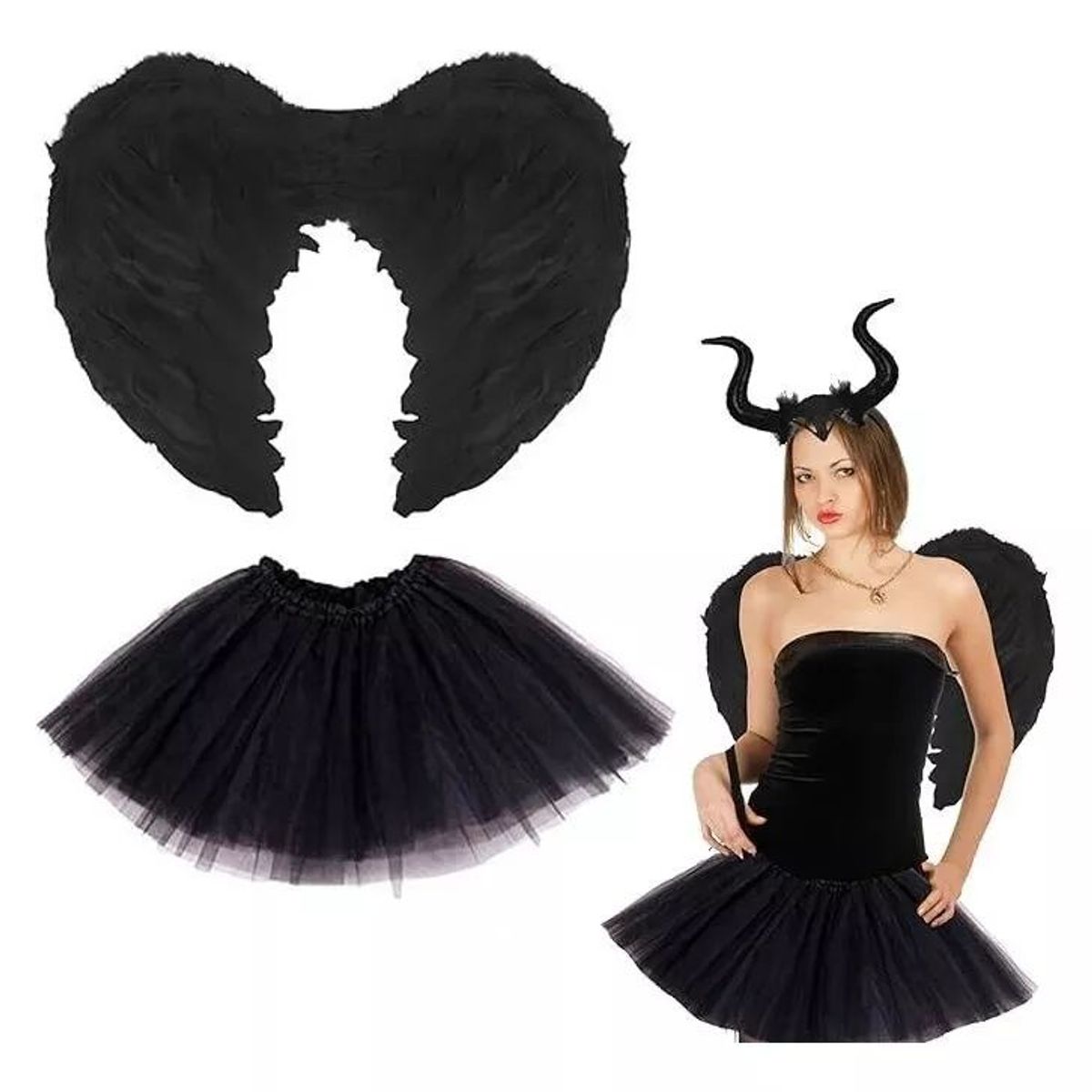 KUANGYE - Set Alas Grandes De Pluma + Tutu Disfraz Mujer Adulto