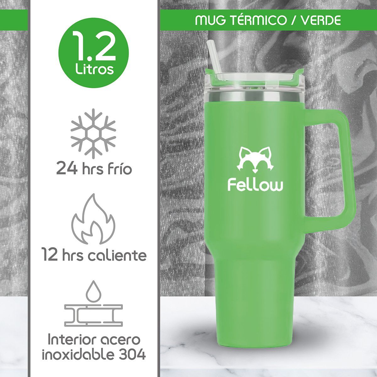 FELLOW - Vaso Termico 1,2Lts Electra By Fellow Mug Tumblr + Bombilla - Verde
