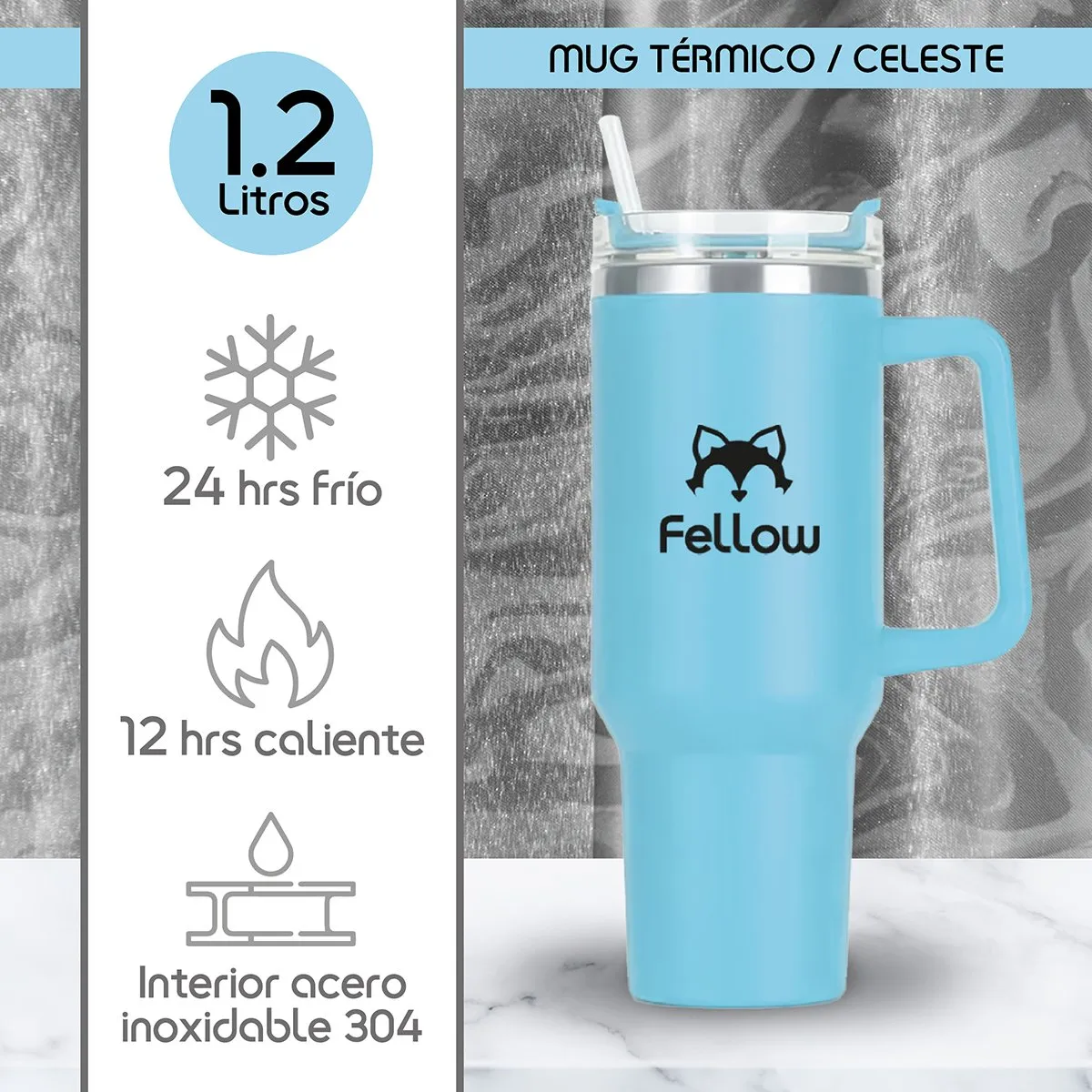 FELLOW - Vaso Termico 1,2Lts Electra By Fellow Mug Tumblr + Bombilla - Celeste