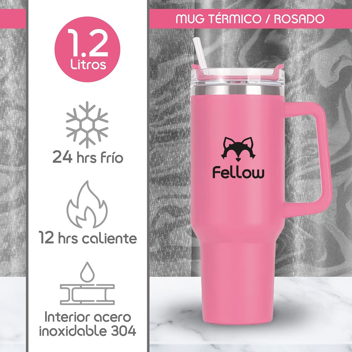 FELLOW - Vaso Termico 1,2Lts Electra By Fellow Mug Tumblr + Bombilla - Rosa