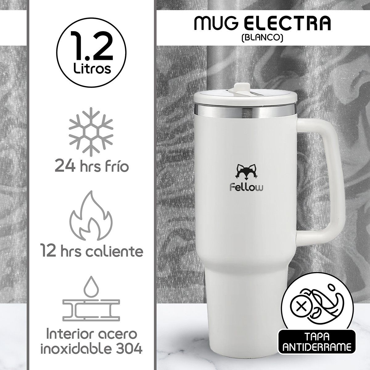 FELLOW - Vaso Termico 1,2Lts Electra By Fellow Mug Tumblr + Bombilla - Blanco