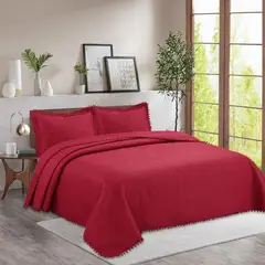 GENERICO - Cubrecama Quilt De Verano King 2.5 Plazas Pompones Burdeo