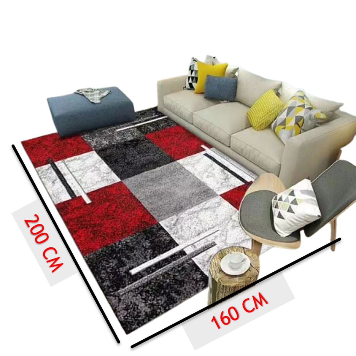 GENERICO - ALFOMBRA PEQUEÑA 160X200 CM CUADRO ROJO DELGADA LISA ANTIDESLIZ