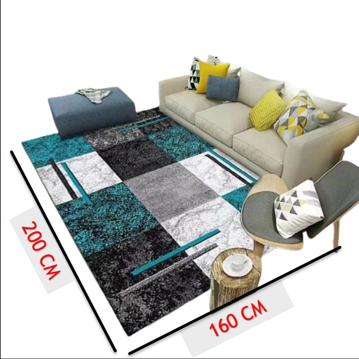 GENERICO - ALFOMBRA PEQUEÑA 160X200 CM CUADRO TURQUESA DELGADA LISA ANTIDESLIZ