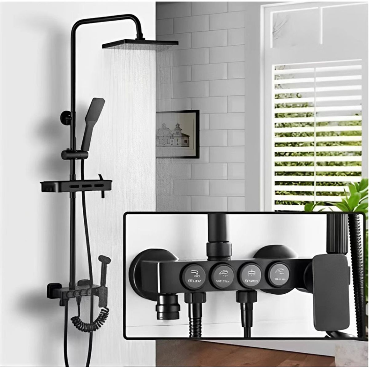 ACTUAL - Columna de Ducha Botones Push 4 Funciones Negro Mate