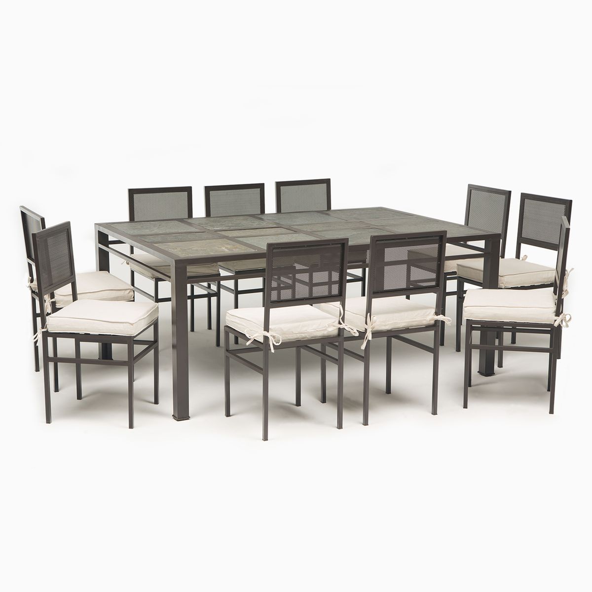 MUEBLES Y TERRAZAS - Comedor de terraza franja piedra 10 silla cuadrada malla