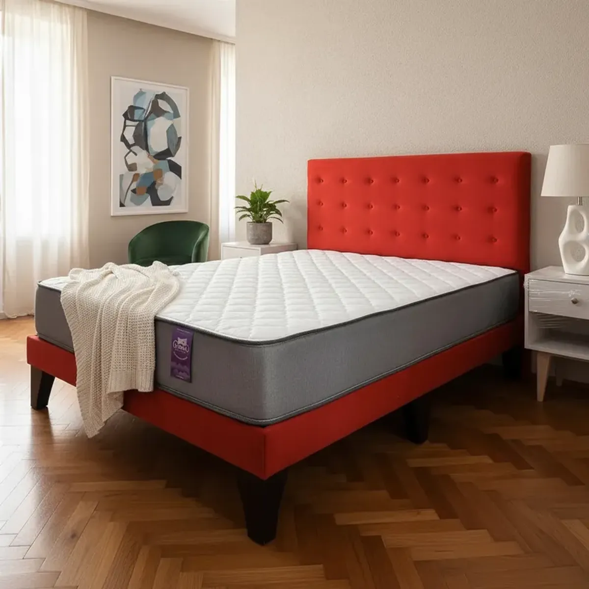 FLOBAL - Cama Europea 2 Plazas Base Dividida + Respaldo Abotonado Rojo