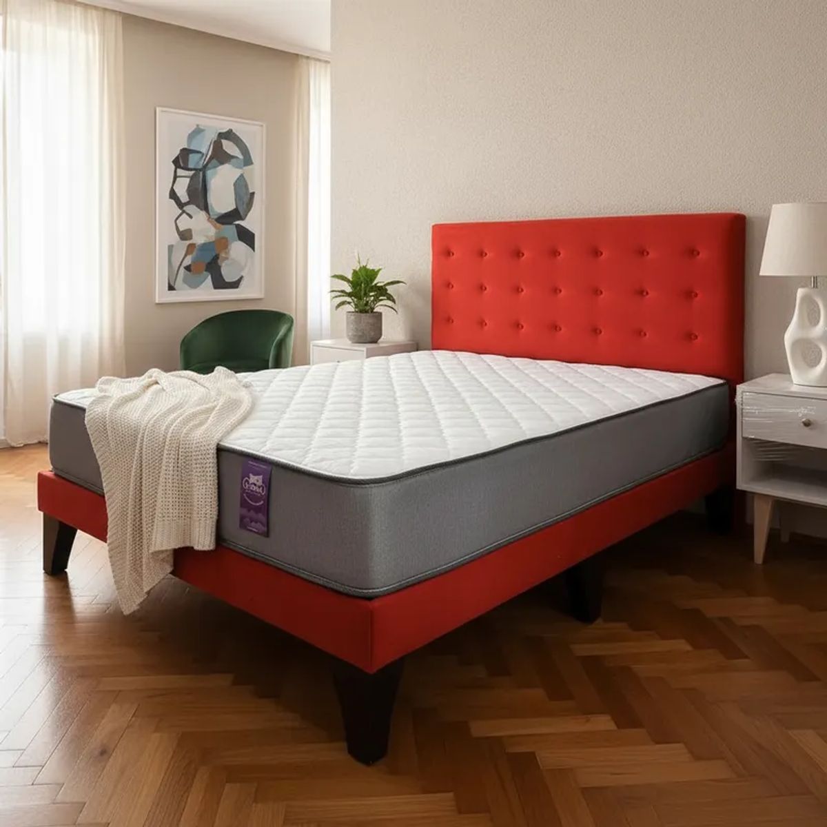 FLOBAL - Cama Europea 2 Plazas Base Dividida + Respaldo Abotonado Rojo