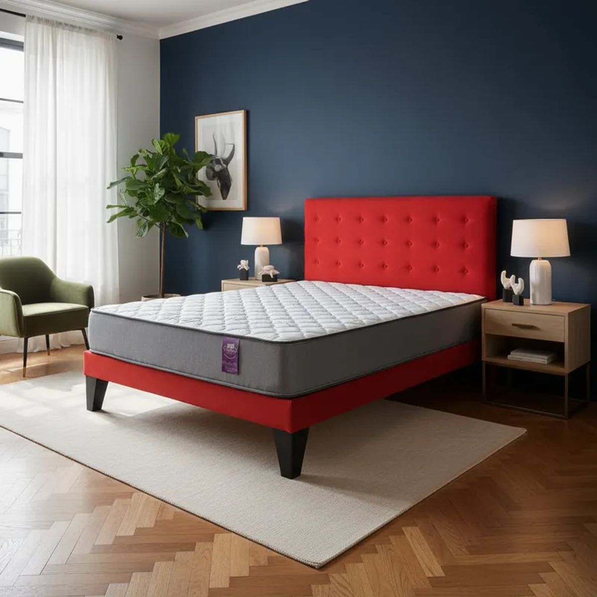 FLOBAL - Cama Europea 2 Plazas Base Dividida + Respaldo Abotonado Rojo