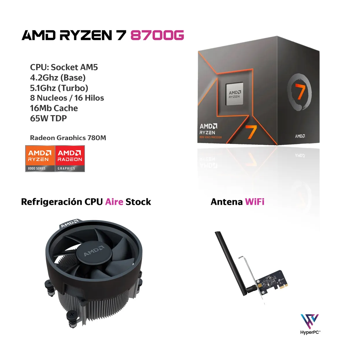HYPERPC - PC mini + MONITOR 22 + Perif: AMD RYZEN 7 8700G 16Gb 500Gb Radeon 780M WiFi