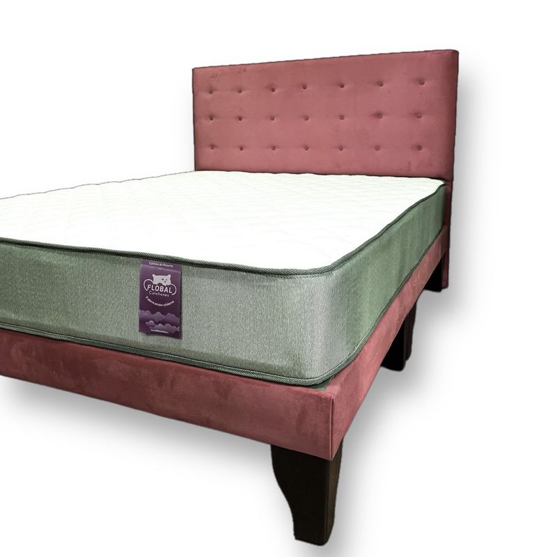 FLOBAL - Cama Europea 2 Plazas Base Dividida + Respaldo Abotonado  Rosa
