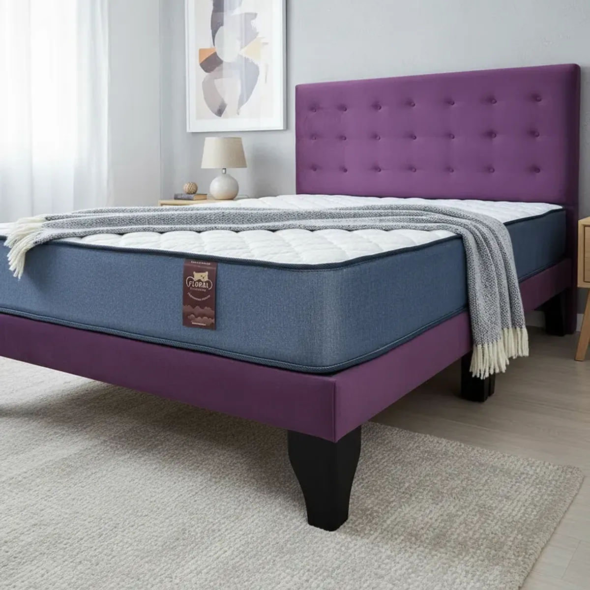 FLOBAL - Cama Europea 2 Plazas Base Dividida + Respaldo Abotonado Morado