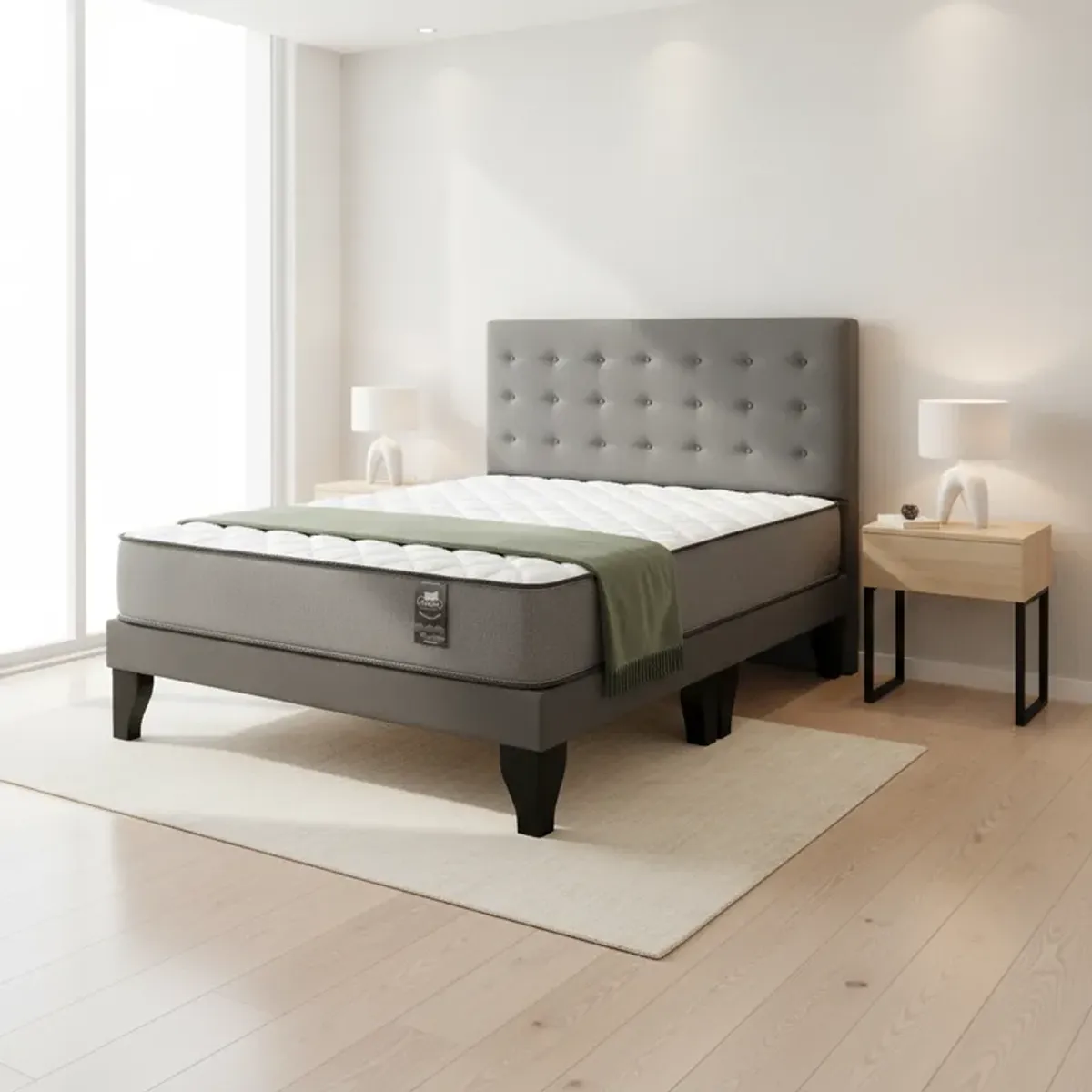 FLOBAL - Cama Europea 2 Plazas Base Dividida + Respaldo Abotonado Gris
