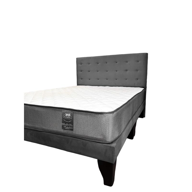 FLOBAL - Cama Europea 2 Plazas Base Dividida + Respaldo Abotonado Gris