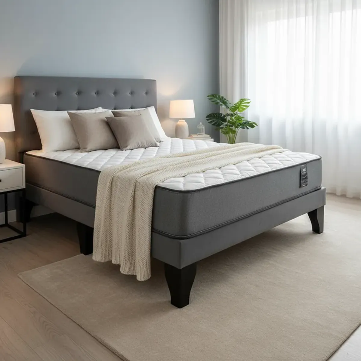 FLOBAL - Cama Europea 2 Plazas Base Dividida + Respaldo Abotonado Gris