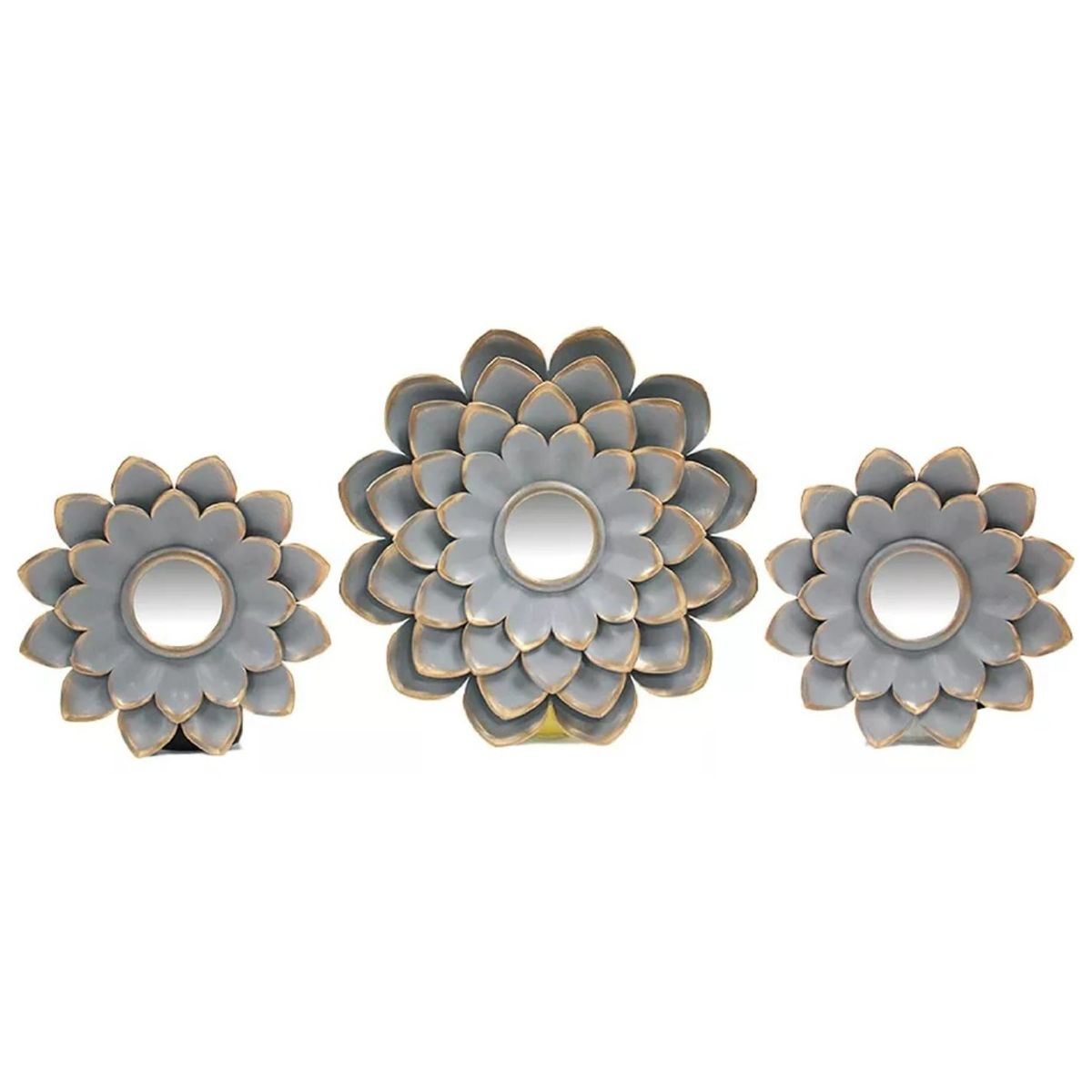 GENERICO - Set de 3 Espejos Flor Gris Borde Dorado para Pared
