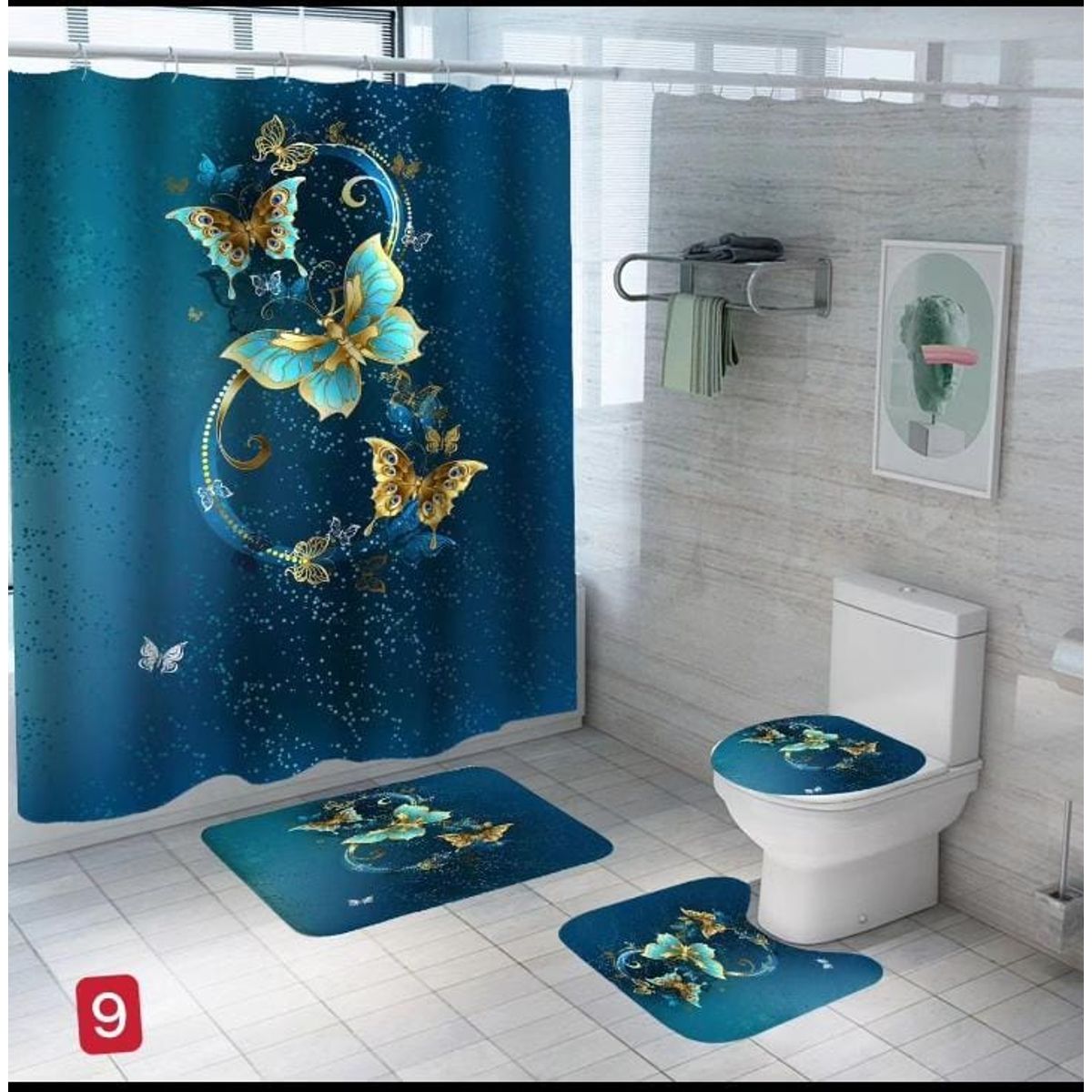 GENERICO - SET de baño Impermeable 4 piezas CON DISEÑO DE MARIPOSAS DORADAS