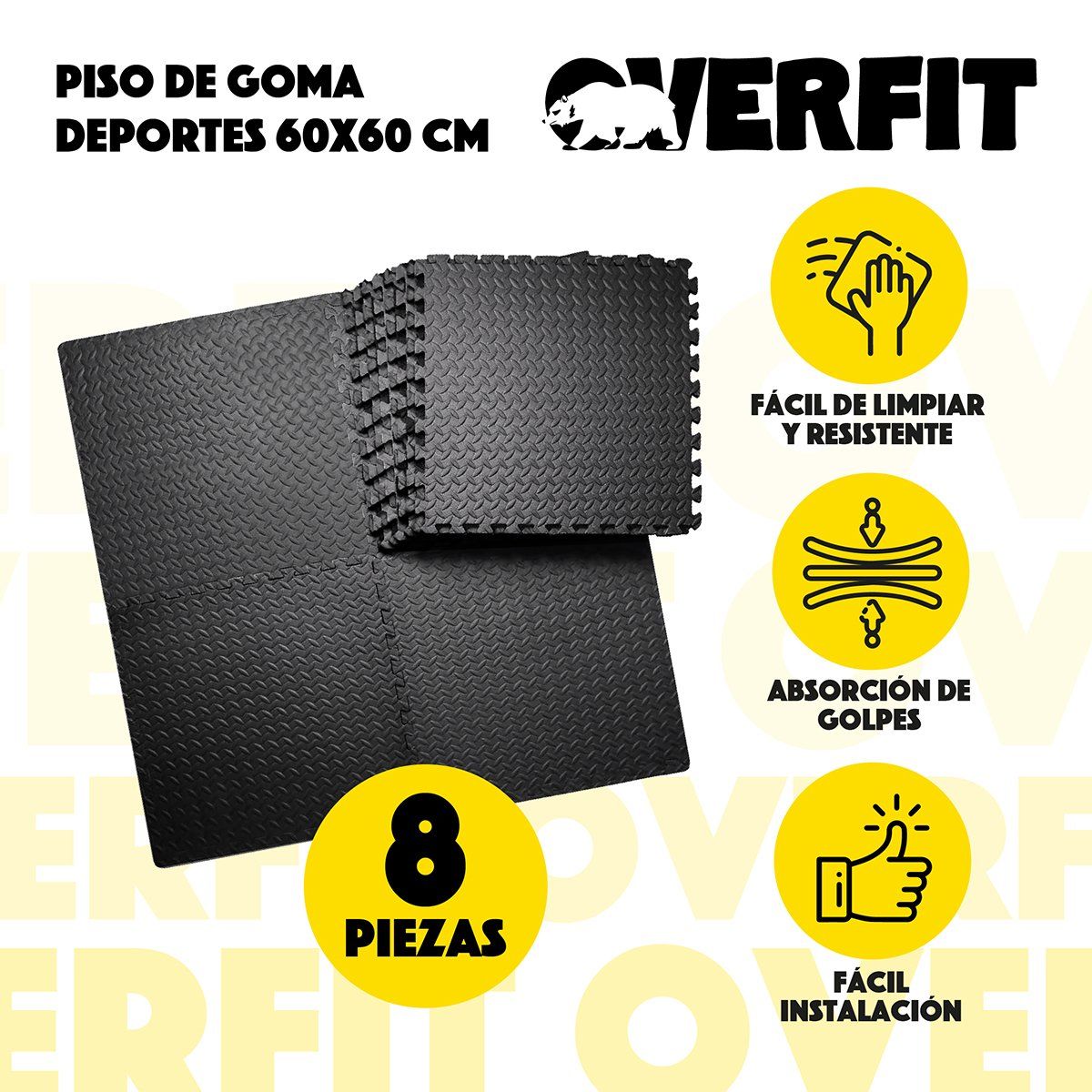 OVERFIT - Piso Goma Eva Alfombra Deportiva Gimansio 12mm 60x60cm x8Un