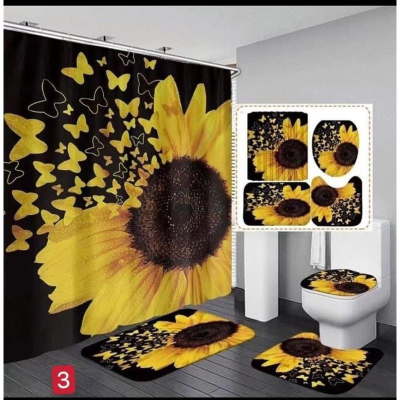 GENERICO - Set de Baño Impermeable 4 Piezas Diseño GIRASOL Y MARIPOSA MARIA