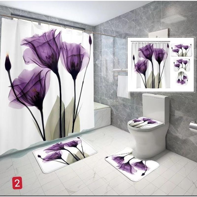 GENERICO - Set de Baño Impermeable 4 Piezas Diseño FLORES VIOLETA MARIA