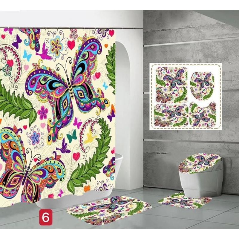 GENERICO - Set de Baño Impermeable 4 Piezas Diseño MARIPOSAS MULTICOLOR MARIA