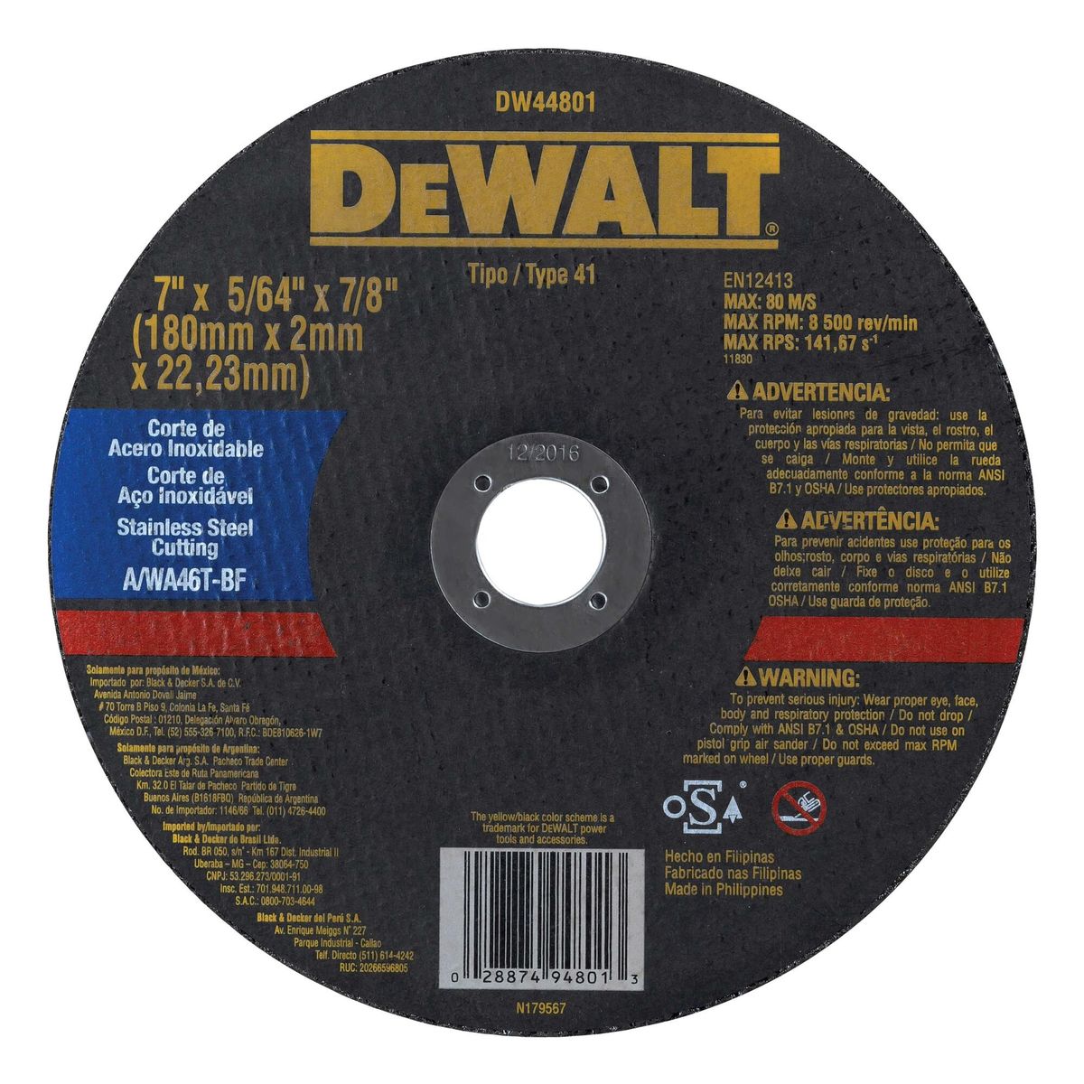 DEWALT - Disco corte acero inoxidable 7" x 5/64" DEWALT DW44801